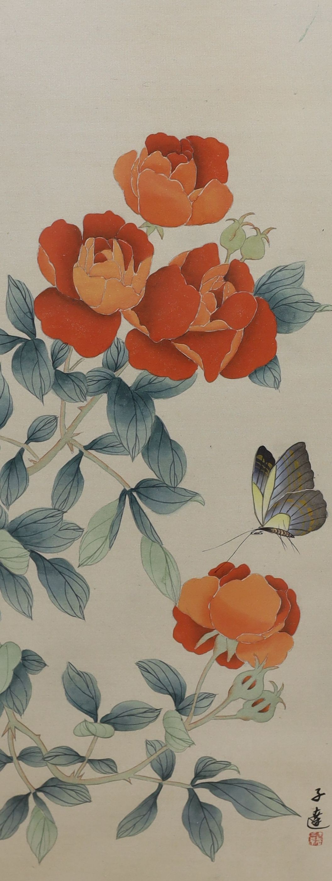 Chinese School, six watercolour and gouache on silk, Studies of birds and flowers, largest 68 x 33cm